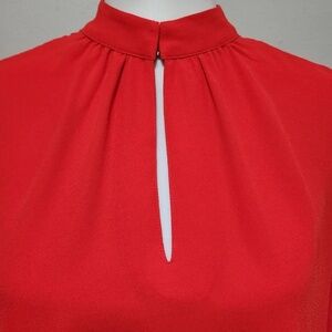 🔥 Ann Taylor Factory Cherry Red Flounce-Cuff Keyhole Blouse — Medium Petite